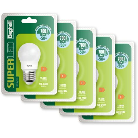 Beghelli - Lampadina LED E27 7W Luce Fredda, 700lm, 6500K, Pacco da 5, Lampadine Sfera Efficienti, Facili da Installare, Adatte per Interni, Durata 15000 Ore, Gruppo Colore: LED