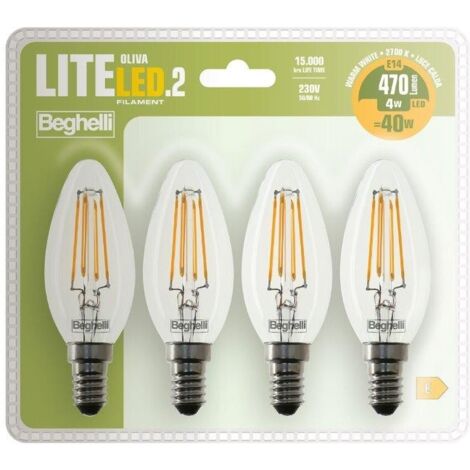 Beghelli Lampadina Led Oliva 4W 2700k Filament Led 2 Luce Calda e14 Confezione 4 Pezzi