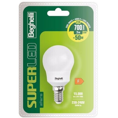 Beghelli Lampadina Led Sfera 7W e14 4000k SuperLed Luce Naturale 700 Lumen
