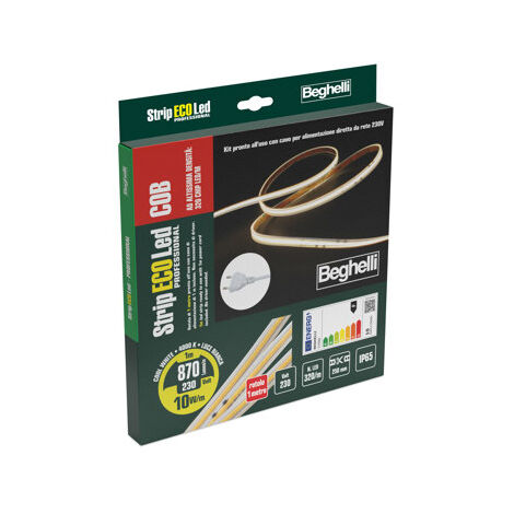 Beghelli Strip Led 1mt 230v 10w-mt 4000k 1mt 10w-mt Completa di Spina 10a con Taglio ogni 25cm