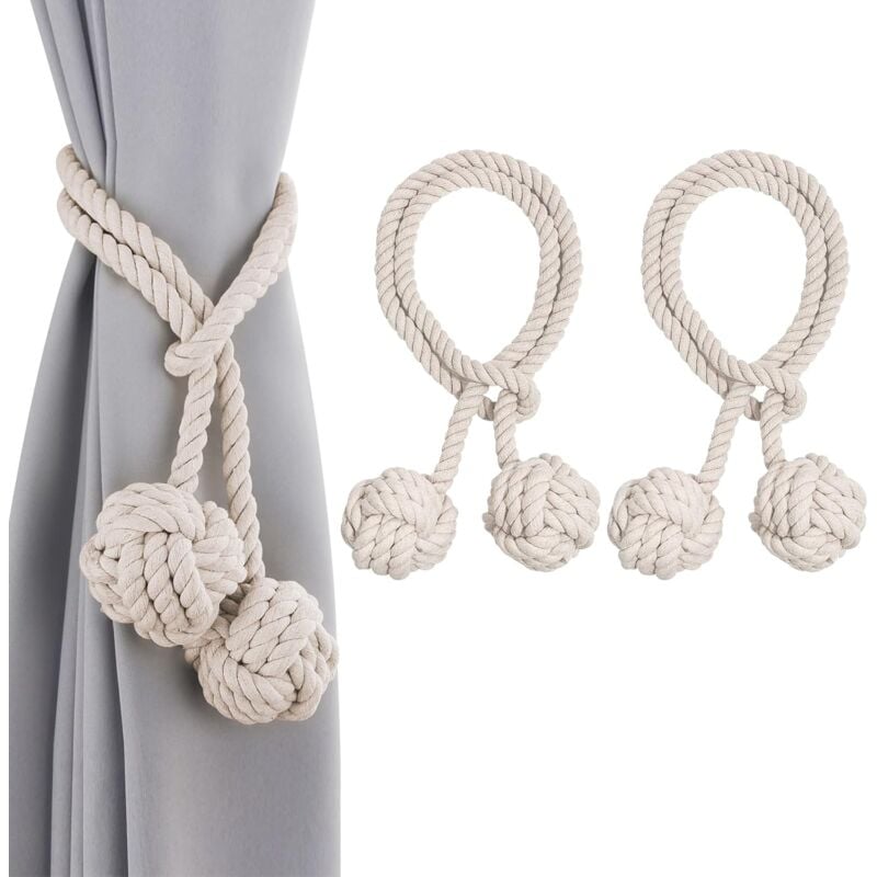 Beige) 2 attaches de rideau avec 2 boules de coton, boutons de rideau, style simple naturel, décoration de pièce ou de chambre à coucher