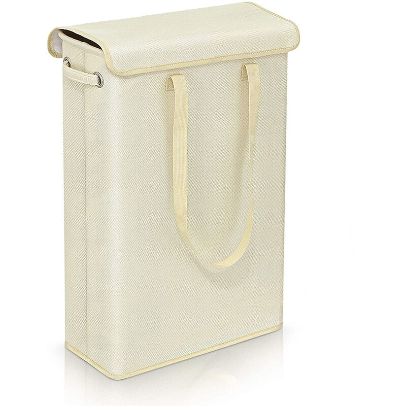 (Beige) 45 Litre Slimline Foldable Laundry Hamper with Lid - Extra Large Capacity Laundry Hamper - 39x19x60cm - Narrow Laundry Hampers
