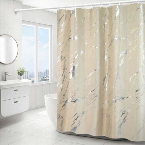 (Beige) Cortina de ducha sencilla de color plata jaspeada - 180 x 180 cm, cortina de ducha de poliéster lavable a máquina con dobladillo con peso y 12 ganchos, cortinas de baño para la bañera