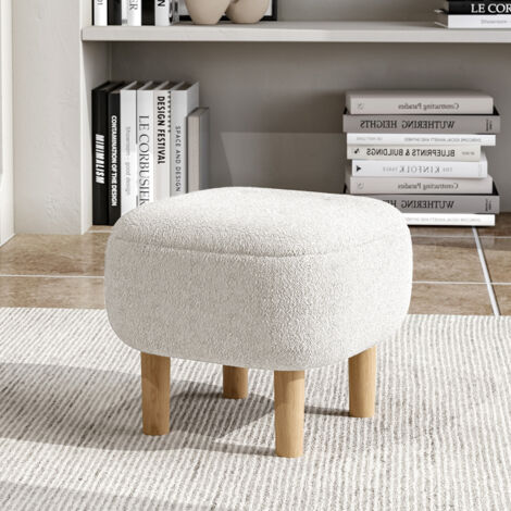 Beige Footstool Pouffe Stool with Wooden Legs