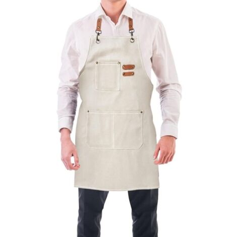 (Beige) Küchenschürze für Herren, Canvas-Schürze mit 3 Taschen, wasserdicht und verstellbar, für Grillen, Restaurant, Garten, Schreinerarbeiten, 78 x 68 cm
