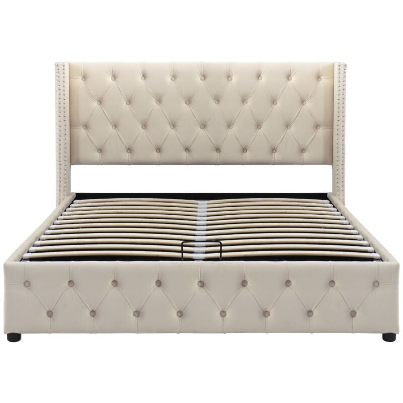 Gutent - Beige Lit rembourré ,Lit fonctionnel hydraulique avec forme d'oreille Double rangée de rivets Flanelle-140x200 cm