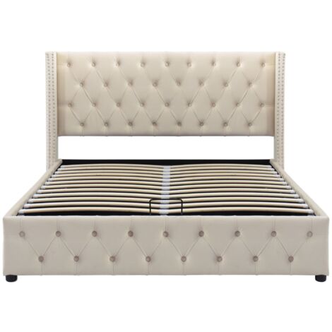 Beige Lit rembourré ，Lit fonctionnel hydraulique avec forme d'oreille Double rangée de rivets Flanelle-140x200 cm