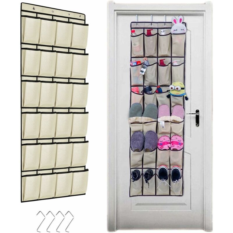 Beige Rangement de Chaussures Suspendu 24 Poches sur la Porte Stockage de Chaussures Gain de Place Armoire à Chaussures avec 4 Crochets