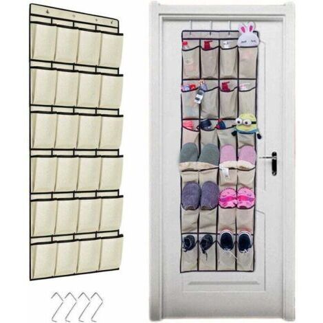 Beige Rangement de Chaussures Suspendu 24 Poches sur la Porte Stockage de Chaussures Gain de Place Armoire à Chaussures avec 4 Crochets
