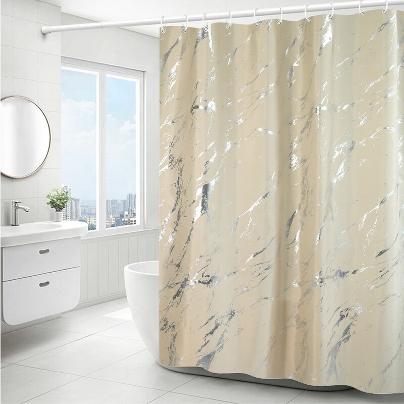 Beige) Simple Silver Marbled Shower Curtain - 180x180cm,, Rideau de douche en polyester lavable en machine avec ourlet inférieur lesté et 12