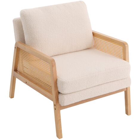 Beige Teddy Fur Cushioned Wood Armchair