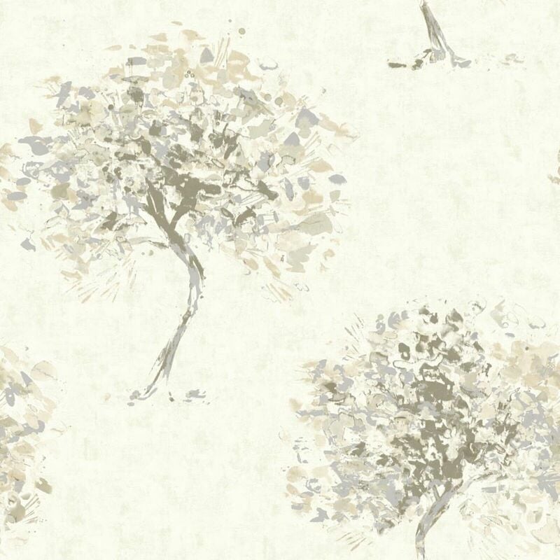 Holden - Beige Tree Wallpaper Hand Painted Effect Silver Metallic Shimmer Beacon Fell