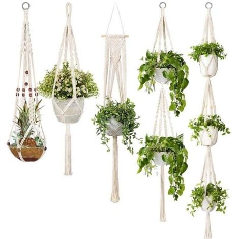 (Beige)Lot de 5 Cintres de Plantes en Macramé - SODIAL - Différents Niveaux - Jardinière en Corde de Coton - Beige
