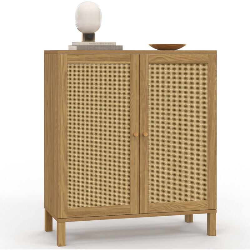 Idmarket Beige Beistellbuffet Im Vintage-Stil, 2 Türen, 70 Cm Hanae Mit Natürlichem Effekt, Rohrgeflecht