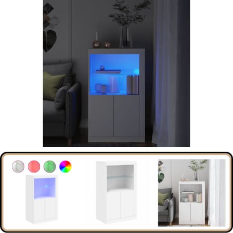 Beistellschrank mit LED-Leuchten Weiß Holzwerkstoff - Schreibtischlampe - Nachttischleuchte - Wohnzimmerstil - Holzwerkstoffmöbel - Regal Beleuchtung