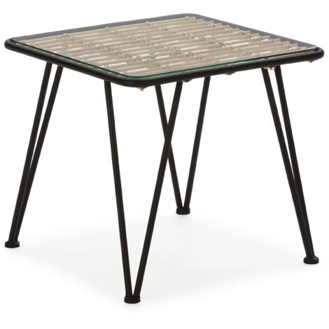 Beistelltisch 51X51X46 Glas/Schwarzes Metall/Naturrattan