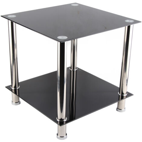 Beistelltisch aus Schwarzem Glas, 2 Etagen, Kleiner Couchtisch aus Gehrtetem Glas, Quadratischer Beistelltisch mit Chrombeinen für Wohnzimmer, Flur, Schlafzimmer, 17,72 X 17,72