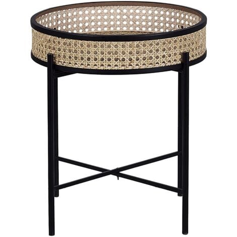 Beistelltisch Beige Rattan Rund ⌀ 36 cm mit Metallgestell Schwarz Wiener Geflecht Boho Stil Wohnzimmer Schlaffzimmer Sofatisch