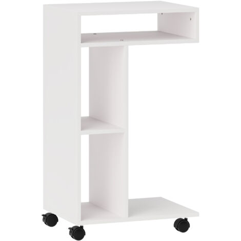 Beistelltisch Couchtisch mit Rollen, Schreibtisch mit 4 Regalen, Sofatisch Laptoptisch, Betttisch, für Esszimmer Wohnzimmer, Weiß