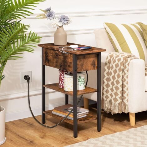 Beistelltisch, Flip-Top Sofatisch mit Ladestation und Ablagefläche, Schmaler Nachttisch für Kleine Räume, Schlafzimmer, Wohnzimmer, Stabile, Dunkelbraun HOOBRO EBF342BZ01