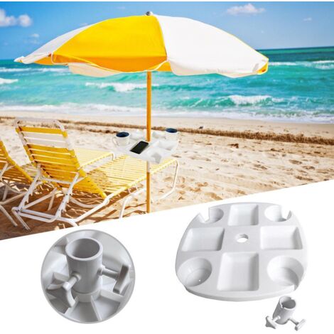 Beistelltisch für Sonnenschirme im Garten, am Strand und auf der Terrasse mit 4 Getränkehaltern und 4 Fächern für Snacks – Tischplatte aus weißem PP-Kunststoff – 43,2 x 43,2 x 5,1 cm, Befestigung an S