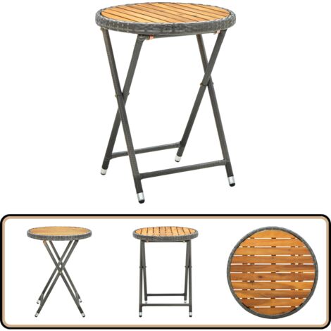 Beistelltisch Grau 60 cm Poly Rattan und Akazie Massivholz - Gartentisch - Außentisch - Balkontisch - Bistrotisch - Esszimmerset