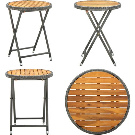 Beistelltisch Grau 60 cm Poly Rattan und Akazie Massivholz - Gartentisch - Außentisch - Balkontisch - Bistrotisch - Esszimmerset - Home & Living