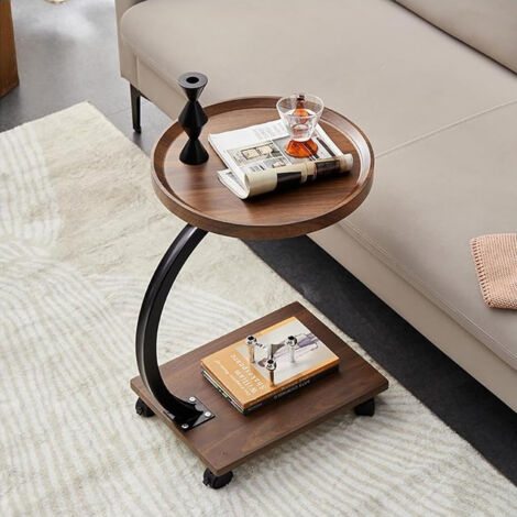 Beistelltisch Holz mit Rollen, Couchtisch Holz, C-förmige Stütze, Volumen: 30 40 60cm, Holzoptik, 4 Rollen (2 mit Bremse), Beistelltische fürs Wohnzimmer, Sofas - Runden