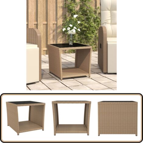 Beistelltisch mit Glasplatte Beige Poly Rattan & Hartglas - Teetisch - Gartenmöbel - Außenbereich - Balkonmöbel - Esszimmerset