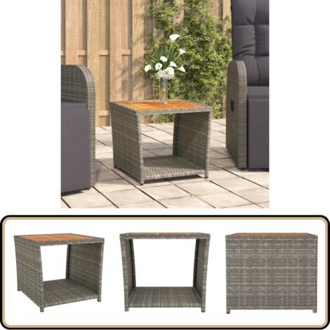 Beistelltisch mit Holzplatte Grau Poly Rattan & Akazienholz - Gartentisch - Außentisch - Bistrotisch - Balkontisch - Esszimmerset
