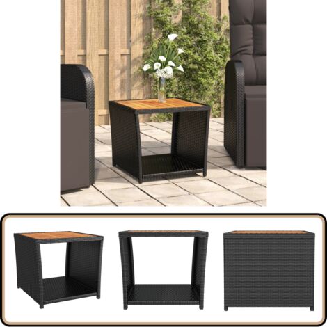 Beistelltisch mit Holzplatte Schwarz Poly Rattan & Akazienholz - Gartentisch - Teettisch - Balkontisch - Outdoor Möbel - Gartenmöbel Set