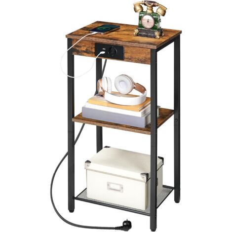 Beistelltisch mit Ladestation, Telefontisch mit 3 Ebenen, Kleiner Nachttisch, Sofatisch für Wohnzimmer, Schlafzimmer, Flur, Vintagebraun und Schwarz