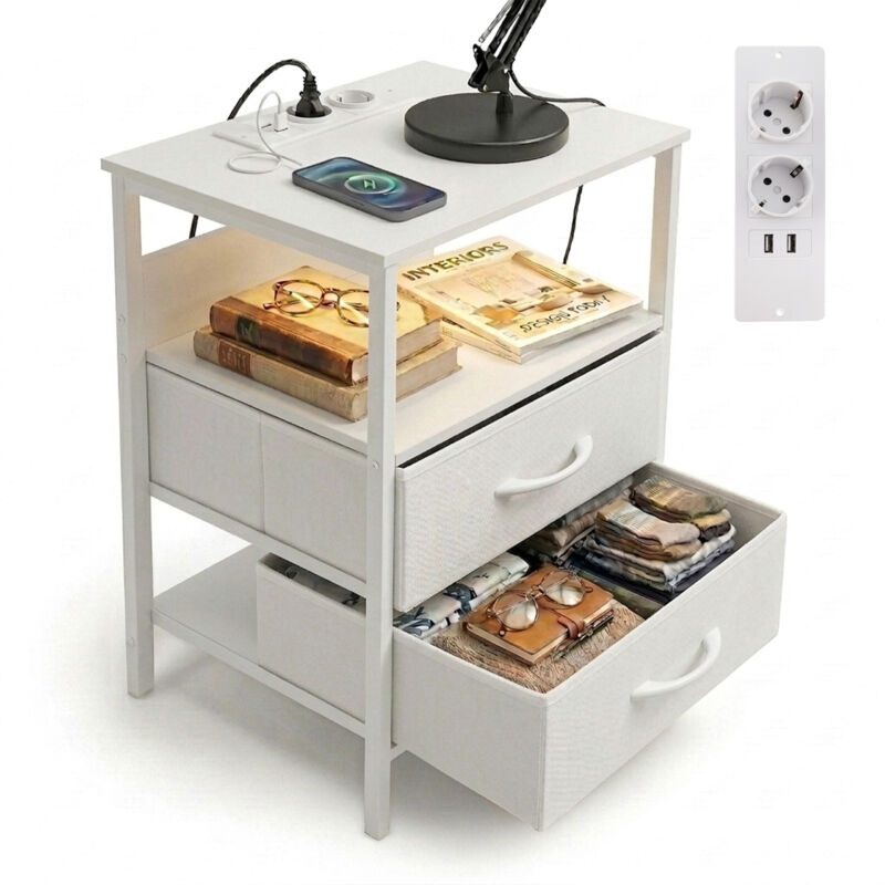 Relaxdays Beistelltisch Mit Led, Steckdosen, Usb-anschluss, 2 Schubladen, Hxbxt, 60 X 40 X 30 Cm, Nachttisch, Weiß