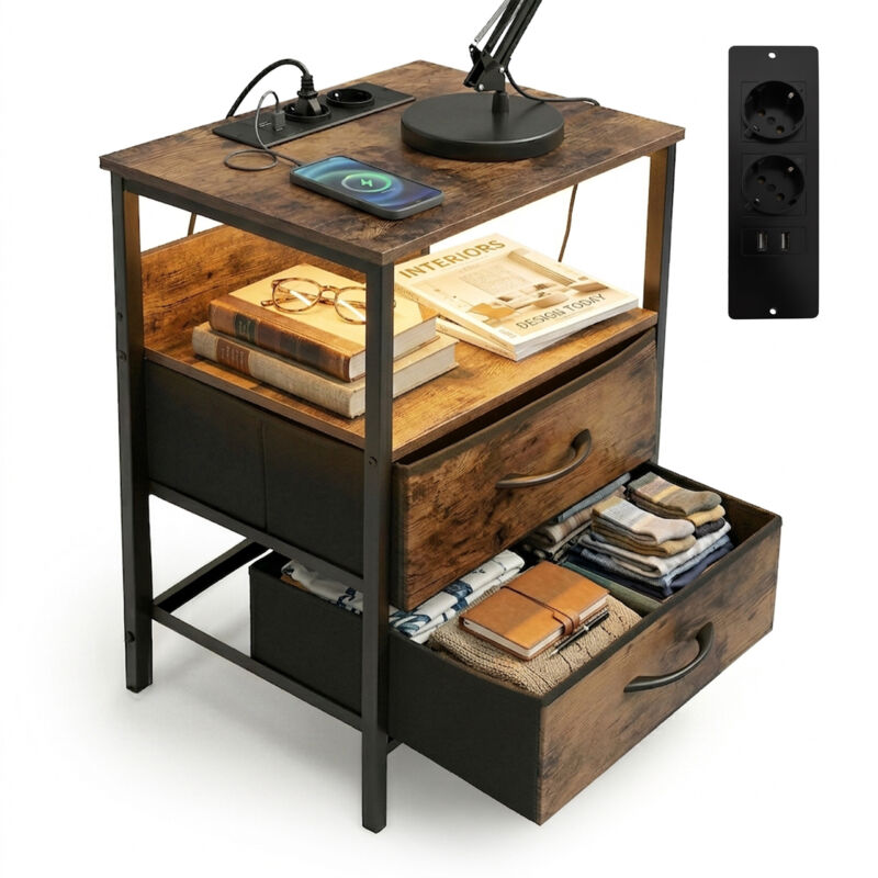 Relaxdays Beistelltisch Mit Led, Steckdosen, Usb-anschluss, 2 Schubladen, Hxbxt, 60x40x30 Cm, Nachttisch, Braun/schwarz