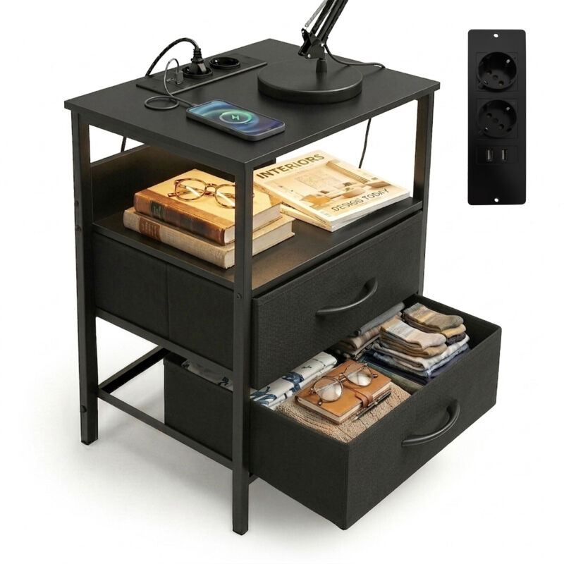 Relaxdays Beistelltisch Mit Led, Steckdosen, Usb-anschluss, 2 Schubladen, Hxbxt, 60 X 40 X 30 Cm, Nachttisch, Schwarz