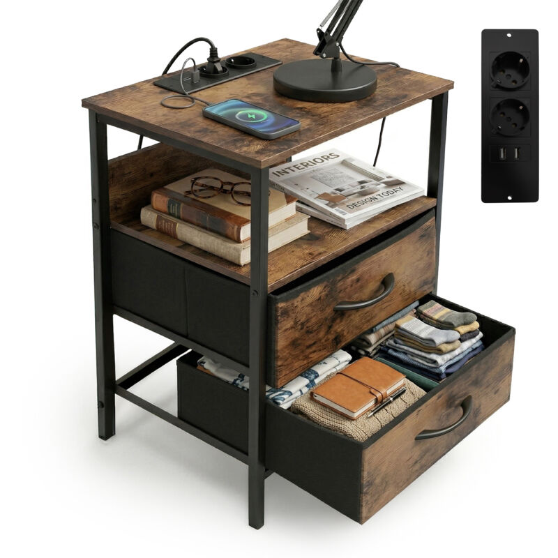Relaxdays Beistelltisch Mit Steckdosen, Usb-anschluss, 2 Schubladen, Hxbxt, 60 X 40 X 30 Cm, Nachttisch, Braun/schwarz