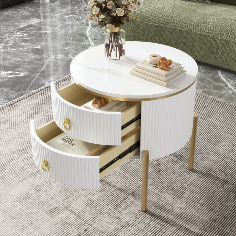 Stilvora Beistelltisch Rund Mit 2 Schubladen, Höhenverstellbaren Füßen, Marmoroptik Und Golddetails, Aus Mdf, Weiß, Ø50×51 Cm