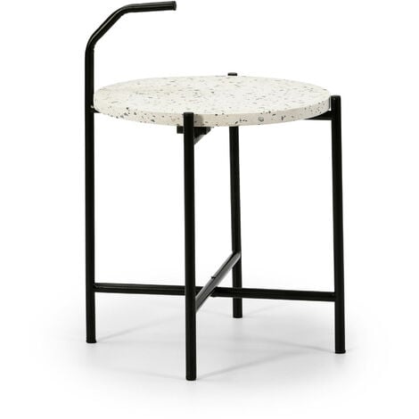 Beistelltisch Runder Couchtisch TAMPA mit weißer Terrazzo-Platte und mattschwarzen Metallbeinen / Durchmesser: 41 Cm