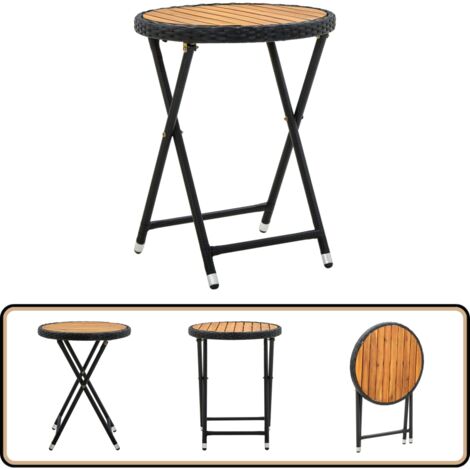 Beistelltisch Schwarz 60 cm Poly Rattan und Massivholz Akazie - Gartentisch - Außentisch - Balkontisch - Bistrotisch - Esszimmertisch