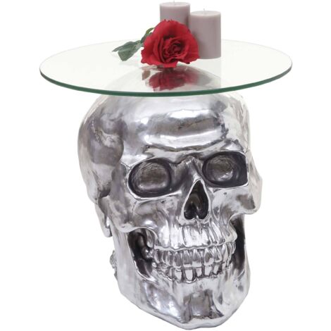 Beistelltisch Totenkopf HHG-017, Polyresin Glastisch Wohnzimmertisch, silber 52x55x55cm