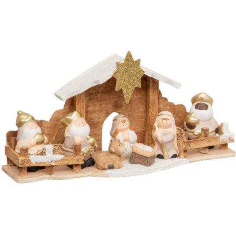 Belén 7 santons 33x16cm gres y MDF - Feeric lights & christmas