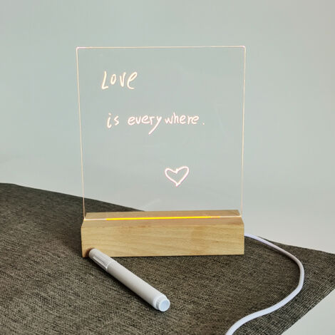Beleuchtete LED-Nachrichtentafel mit Holzsockel und 15 x 15 cm großer Acrylplatte, sanfte Umgebungsbeleuchtung für Büro, Schlafzimmer oder Wohnbereich, DIY-Set inklusive Stift, Ständer und Netzkabel