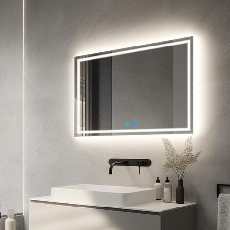 Beleuchteter Badezimmerspiegel mit LED Beleuchtung Dimmbar Beleuchtet Kaltweiß Warmweiß Beschlagfrei Wandspiegel IP44 Wandschalter Touchschalter