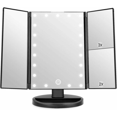 Beleuchteter Schminkspiegel, 1x/2x/3x Vergrößerung, dreifach klappbarer Spiegel mit 21 LED-Leuchten, Touchscreen-Schalter, Tischspiegel mit Akku und USB verfügbar (Schwarz)