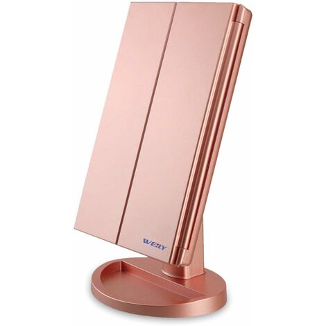 Beleuchteter Schminkspiegel, 1x/2x/3x Vergrößerung mit 36 LED-Touchscreen und USB-Aufladung, um 180 Grad verstellbarer Ständer für Kosmetikspiegel auf der Arbeitsplatte (Roségold)