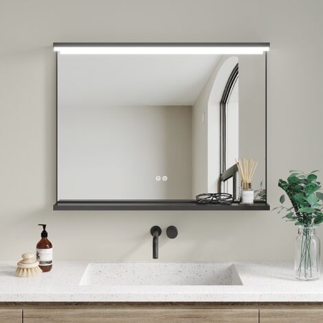 Beleuchteter Wandspiegel mit Ablage, dimmbar, Anti-Beschlag-Taster, IP44, 80x60cm