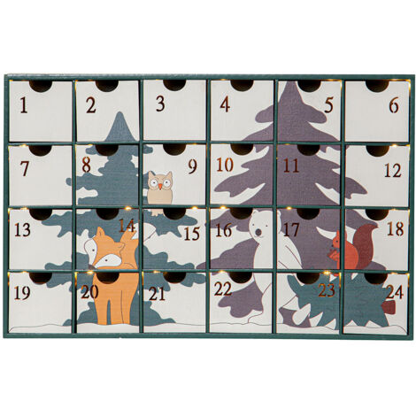 Beleuchteter Weihnachtskalender ,Forest Friends' aus Holz, Tiermotive, 24 Schubladen mit LED-Beleuchtung, B 38cm