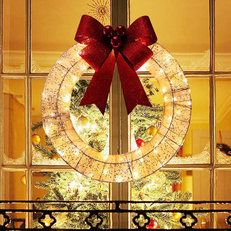 Beleuchteter Weihnachtskranz – Vorbeleuchteter Weihnachtskranz – 50 cm – Mit W-Dekorationen – Rot
