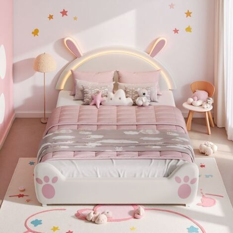 Beleuchtetes Prinzessinnenbett 140x200 cm mit LED-Lichtern, Mädchenbett 140x200, Bettgestell, Doppelbett 140x200 cm, Kinderbett, Jugendbett, Rosa
