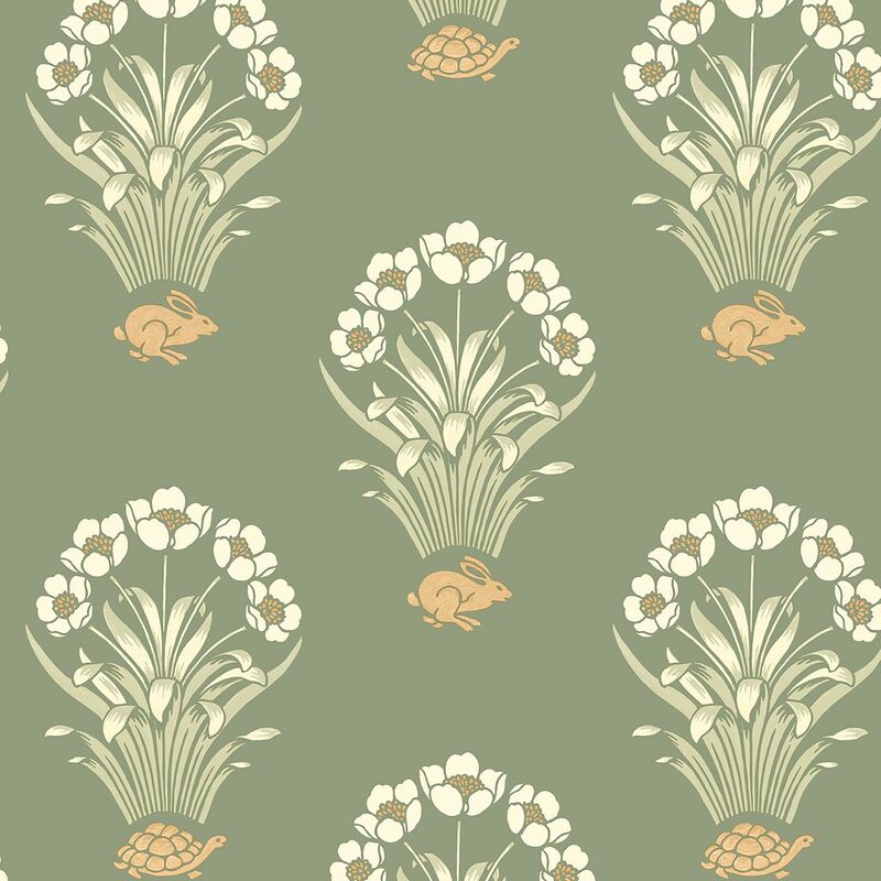 Belgravia Decor - Belgravia Tortoise Hare Sage Green Wallpaper Floral Animal Print Feature Wall